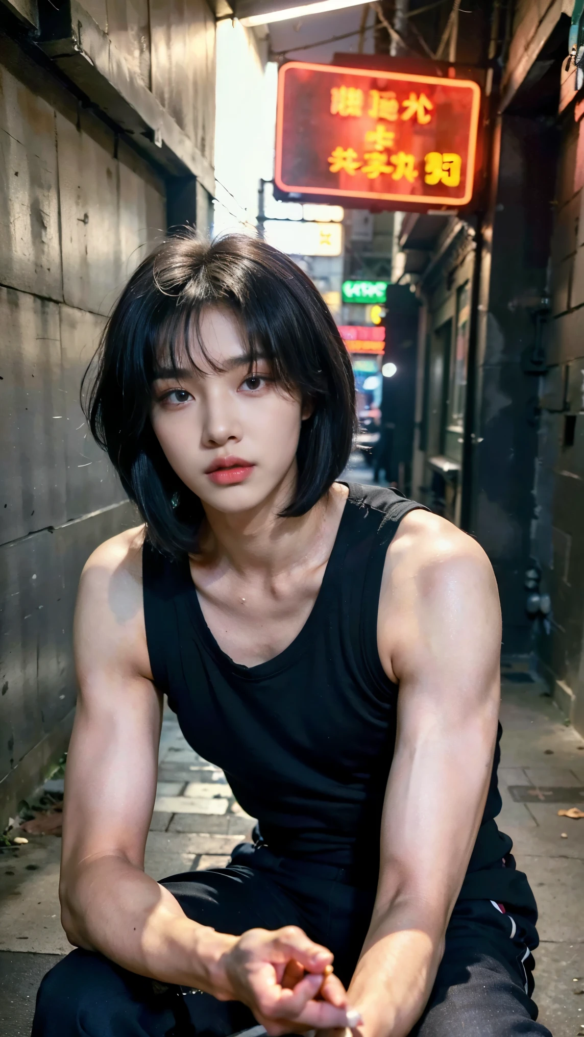 Realistic photos, 8k,(((A bustling neon street,Crouching,Begging,Homeless,Handsome young Korean ladyboy with bob cut))),(((Big eyes,Glaring at the camera,Unpleasant,Bad mood))),Chest is male,18-year-old,(Ultra-realistic), (figure), (High resolution), (8k), (Very detailed), (Best figure), (Beautiful fine details), (highest quality), (Super detailed), (masterpiece), (wallpaper), (Detailed face), ((whole body,Flat Chest,Very muscular)),alone,Black hair bob cut,(((A girl with makeup on her face,The body is a perfect man))), Black tank top,Training pants,Transgender,Korean,kpop,(((holding a menu written on paper))),Muscular male chest