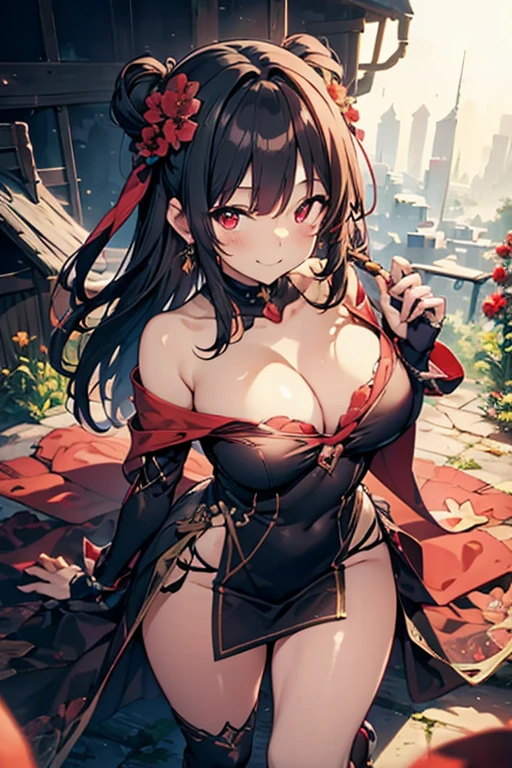 Anime style beutiful woman, 1girl,fullbody, happy, (with sparkling eyes and a contagious smile:1.2), red face, closed mouth, beautiful detailed eyes, super detailed skin, backlighting, bare shoulders, black background, black dress, black gloves, black hair, breasts, dress, earrings, fingerless gloves, floating hair, floral print, flower, gloves, gold earrings, gold hairband, hair flower, hair ornament, hairband, holding, holding weapon, jewelry, large breasts, long hair, looking at viewer, off-shoulder dress, off shoulder,red eyes, short hair with long locks, sidelocks, solo, spikes, thighs, two-sided dress, two-sided fabric, weapon, fighting stance , face, close up, from above, highest quality, high resolution,Real World, Natural light,perfect Natural light,looking at viewer,