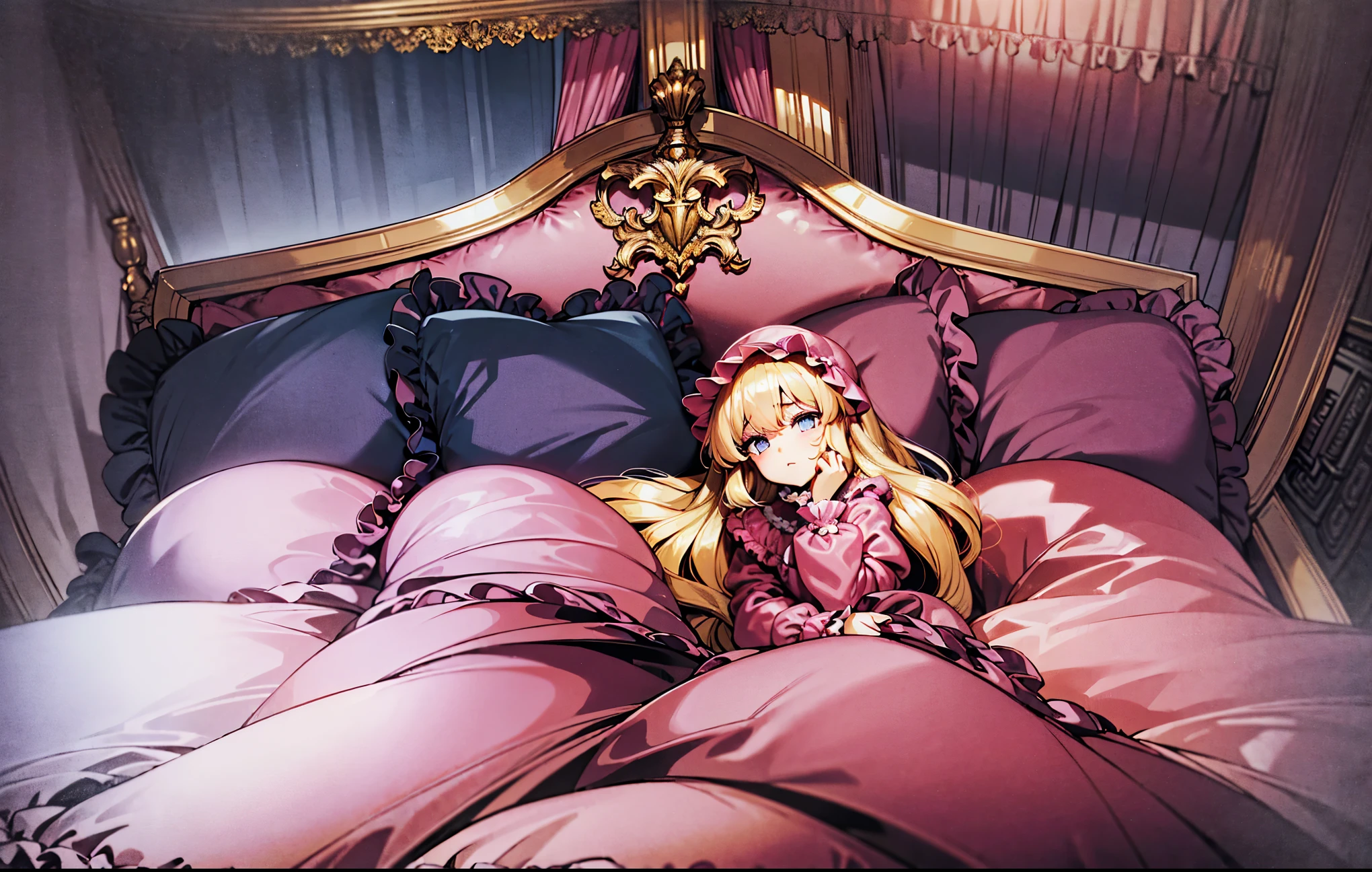 ,highest quality, masterpiece, Highest Resolution, artwork, super それにGet used to it, many Get used to it, Get used to it, それにGet used to it, 3K anime illustrations,(( 10 year old girl)),Super detailed baby face,high quality small face,long blonde hair that grows to the waist,blue eyes,白い肌のEuropean,pajamas, European,(((Super long blonde hair))),Curly Hair,blue eyes,((((ピンクのロリータファッションのLong skirtのワンピースドレス)))),((Pink silk satin nightgown with plenty of ruffles and bows)),((A luxurious nightcap with frills and ribbons)),Detailed headdress,,(((Large yoke collar))),Yoke collar with ruffles and bow,((((Long sleeve)))),Ruffle sleeves,((((Long skirt)))),White ruffle and lace socks,Large frill and ribbon pillow,(((Nice pink outfit))),豪華なCanopy bedの上,Canopy bed,The bed is surrounded by luxurious silk satin curtains.,The bed was covered with frilly silk satin pillows.,There are a lot of frilly pillows behind the girl.,Highly detailed background,Detailed bed,Soft pink silk satin quilt,Very fine soft frilly pillow,Beautiful girl illustration,Beautiful face in every detail,Thinning hair,Detailed eyes ,Detailed eyess,Mouth details, Arm details,Beautiful Hands,Detailed pillow,Large bed,Illustration on the bed, ,((((Round futon)))),((((A large frilly futon that covers the entire bed)))),Detailed comforter,Detailed silk satin bed sheets,Before bedtime,Romantic atmosphere,Palace Bedroom,((((The lower half of my body is completely wrapped in a large, fluffy futon..)))) The girl is leaning against a pile of pillows, ,((((Round futon)))),((((A large frilly futon that covers the entire bed)))),