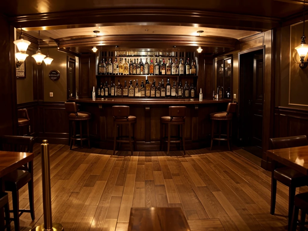 Bar with fancy liquor perspective from the entrance, no people