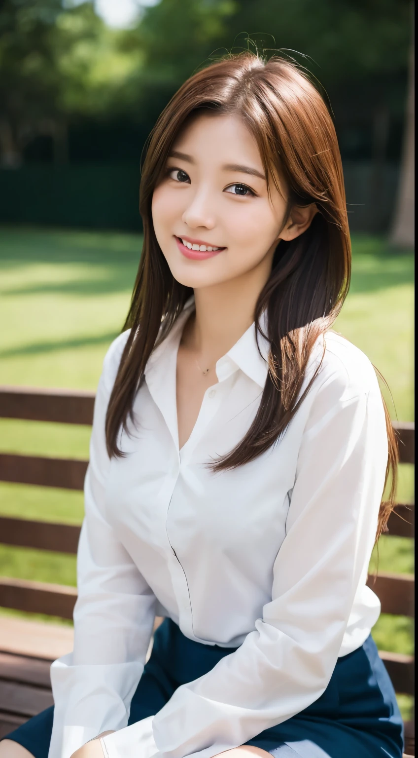 ulzzang-6500-v1.1, (RAW Photos:1.2), (Photorealistic), (Genuine:1.4), (Mastepiece), masterpiece, Absurd, The finer details, High resolution, Highly detailed face and eyes, Photorealistic, Japan, Beautiful Face, (Realistic Face), (Medium Hair:1.3), Beautiful hairstyle, Realistic eyes, Beautiful Eyes, (Realistic Skin), Beautiful Skin, Charm, Ultra High resolution, Ultra-realistic, High resolution, office lady, midnight park, Sitting on a bench, Sit with your legs apart, Looking at the viewers,smile, White shirt, Panty shot, (Ultra-realisticなパンスト:1.3),
