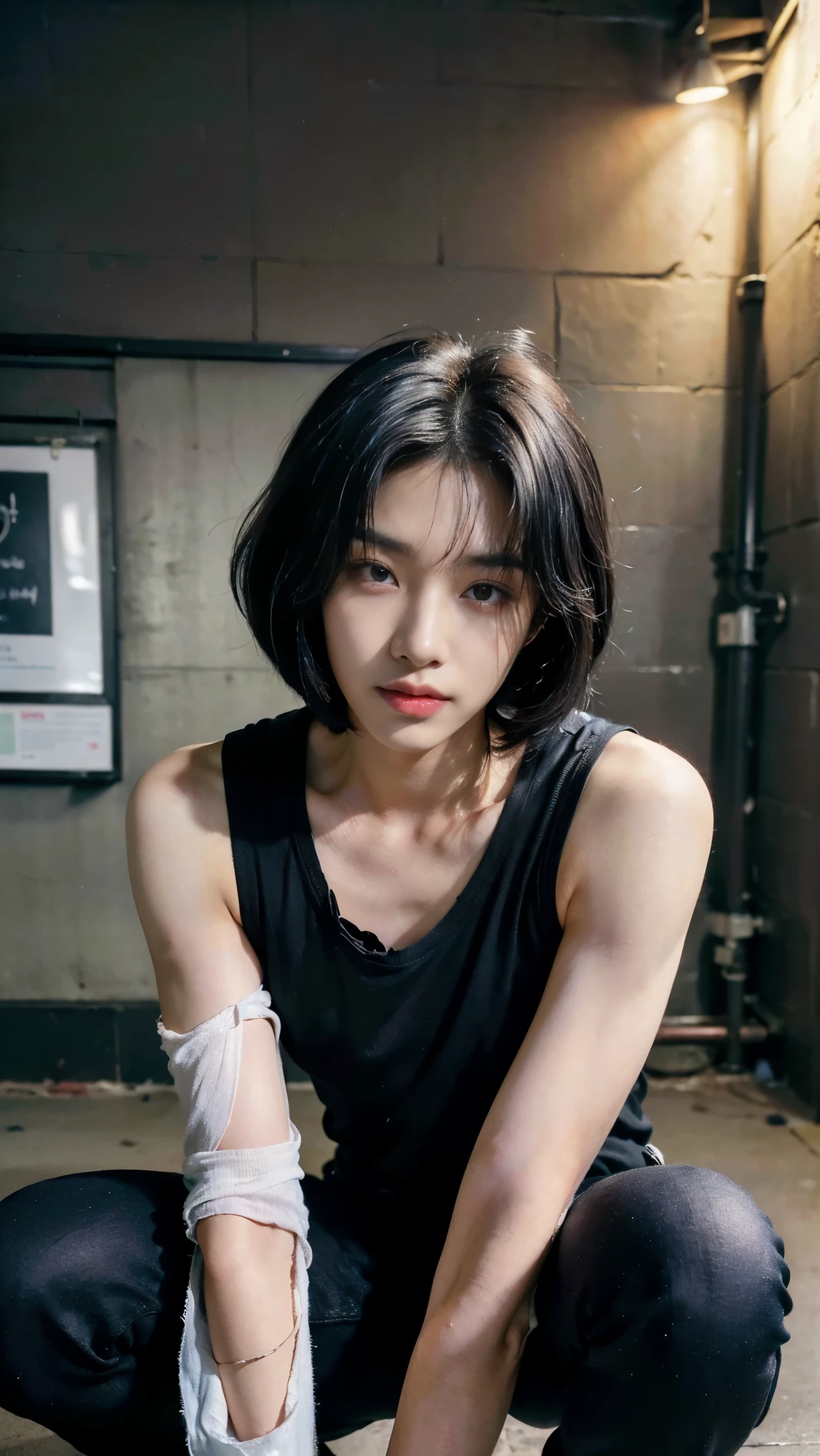 Realistic photos, 8k,(((A bustling neon street,Crouching,Begging,Homeless,Handsome young Korean ladyboy with bob cut))),(((Big eyes,Glaring at the camera,Unpleasant,Bad mood))),Chest is male,18-year-old,(Ultra-realistic), (figure), (High resolution), (8k), (Very detailed), (Best figure), (Beautiful fine details), (highest quality), (Super detailed), (masterpiece), (wallpaper), (Detailed face), ((whole body,Flat Chest,Very muscular)),alone,Black hair bob cut,(((A girl with makeup on her face,The body is a perfect man))), Black tank top,Training pants,Transgender,Korean,kpop,(((holding a menu written on paper))),Muscular male chest