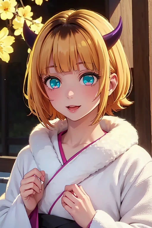 Very detailed CG Unity 8K wallpaper, Cute One lady, Mature hair、lady ,beautiful lady, pale skin (Super masterpiece, Beautiful person, well detailed face polluted smile, Photorealistic, hyper realisitic), Colorful winter kimono in pink and white colors、(white fur)、Japanese Style Hair Accessories、smile、Japanese background with light pink flowers and snow、Portrait、(ref Eyes)、(flat chest:1.3)、(Glowing Skin:1.7)、Detailed eyes、Big eyes、Open your mouth、Hide your armemcho, short hair, blonde hair, multicolored hair, horns, bangs, brown hair, black hair, blunt bangs, two-tone hair, (aqua eyes:1.3)),