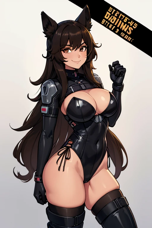 female, black long hair, hazel eyes, German Shepard ears, German Shepard tail (((1girl))), (((brown leotard))), (black cybernetic gloves), (black thigh high tactical belt), (black boots), cute and sexy, full body, large breasts, large butt, long legs, smiling