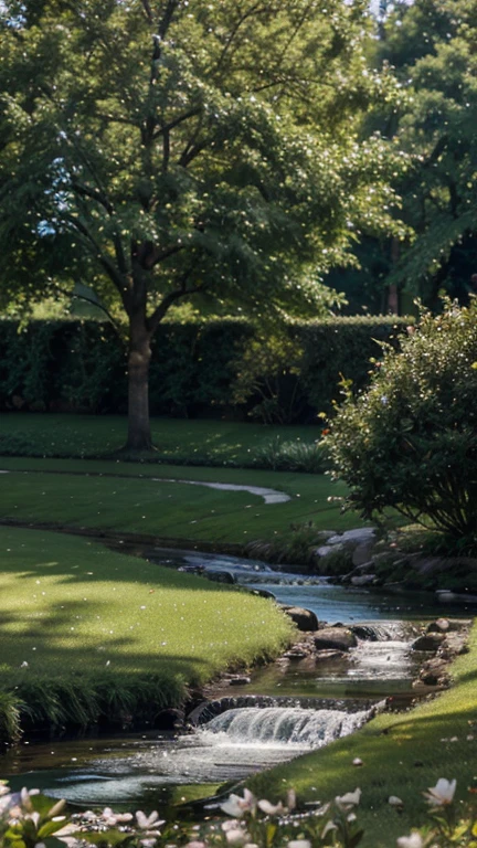 a magnolia tree on a green lawn, next to a small stream, a few petals blowing in the wind, 8k, high quality, magical
