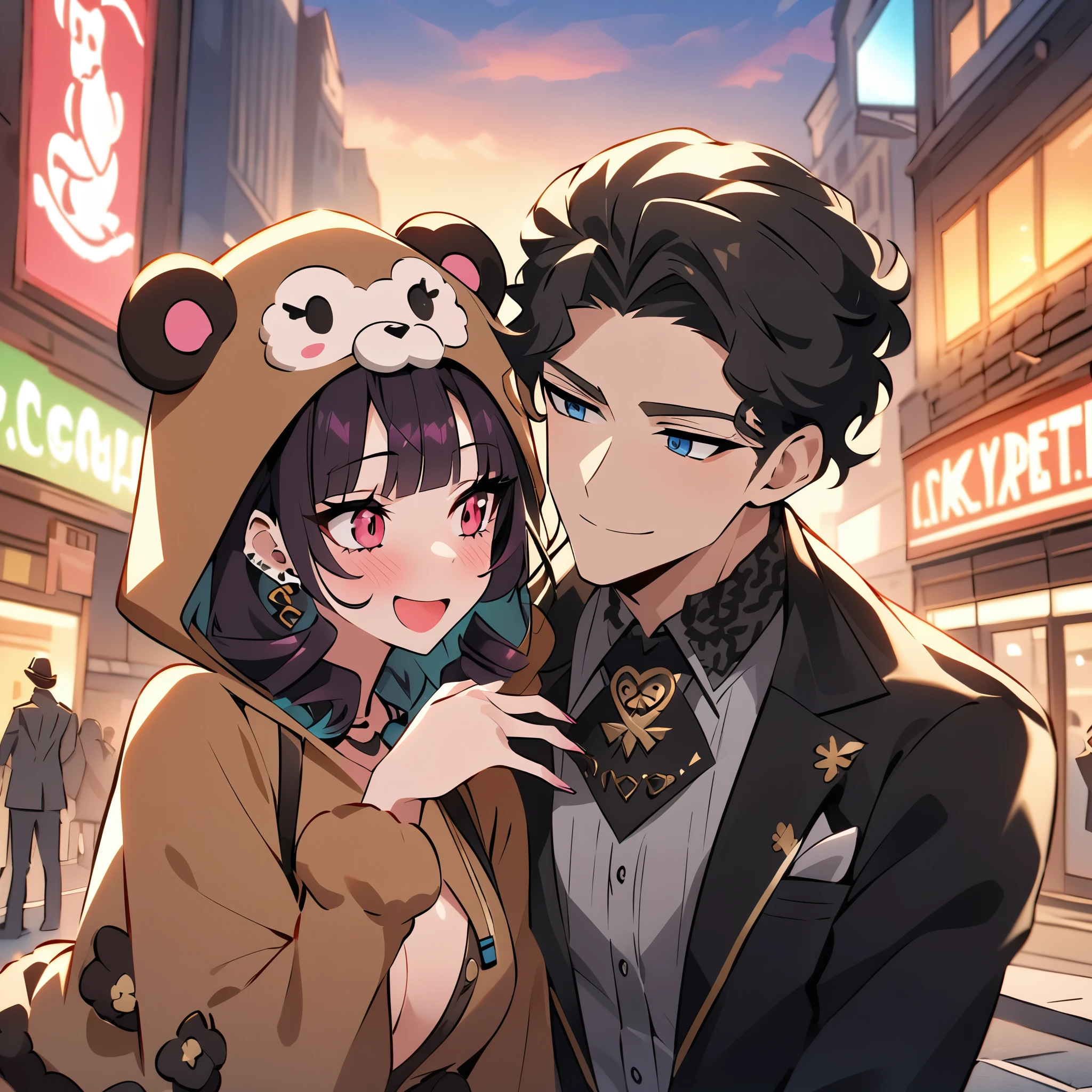 (Extreme complexity)(multiple subjects) (subject 1:(Milana Aleksandrovna Vayntrub, age 25) in a sexy little monkey costume), acting foolish. (Subject 2: A handsome man flirts with her), downtown