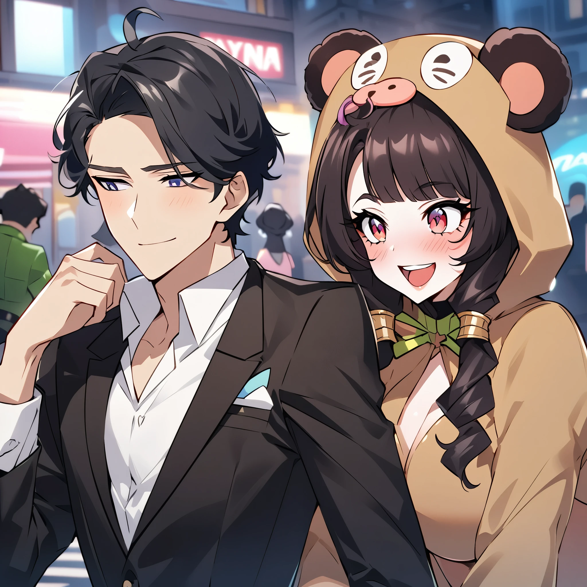 (Extreme complexity)(multiple subjects) (subject 1:(Milana Aleksandrovna Vayntrub, age 25) in a sexy little monkey costume), acting foolish. (Subject 2: A handsome man flirts with her), downtown