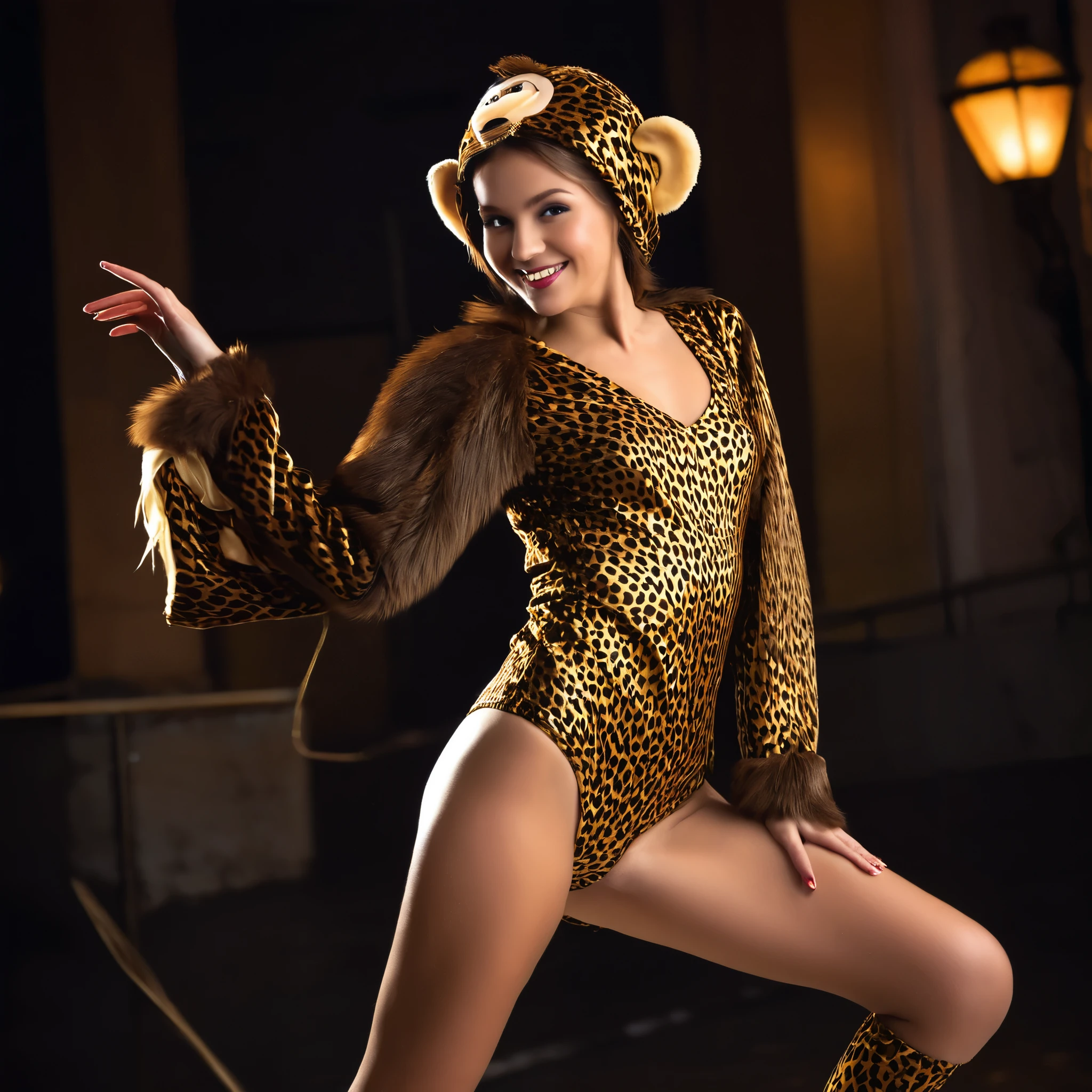 (best quality, highres, ultra-detailed, realistic:1.37), (photography, portraits), (colorful, vibrant), (dramatic lighting) (Medium: photo-realistic painting) Milana Aleksandrovna Vayntrub, age 25, dressed in a sexy little monkey costume, beautifully detailed with flowing fur and playful expression. Her eyes sparkle mischievously and her lips pout teasingly. The costume perfectly fits her slender figure as she dances around, acting foolish and entertaining the audience. The monkey costume is made of soft, shiny fabric with intricate details, highlighting its realism. The fabric shimmers in various tones of brown and gold, capturing the light in a lively manner. Milana's movements are graceful and energetic, evoking a sense of joy and laughter. Her body language radiates confidence and charisma. Her mesmerizing performance attracts the attention of a handsome man nearby. The handsome man, dressed in stylish attire, is captivated by Milana's charm. He approaches her with a flirty smile, his gaze locked on her. His sharp features and well-groomed appearance enhance his attractiveness. As they interact, the tension between them builds, creating a sense of anticipation and excitement. The downtown surroundings add a touch of urban sophistication, with modern buildings towering in the background and vibrant city lights illuminating the scene. The atmosphere is filled with vibrant energy and the hustle and bustle of city life. The lighting accentuates the emotions and creates a dramatic ambiance. Soft, warm light bathes their faces, highlighting their features and adding depth to their expressions. Shadows play across the scene, adding a touch of mystery and intrigue. The colors in the image are rich and dynamic, with a careful balance between warm and cool tones. The overall effect is visually stunning, drawing the viewer into the captivating moment shared by Milana and the handsome man. This prompt will generate a high-quality, ultra-detailed, and realistic image depicti