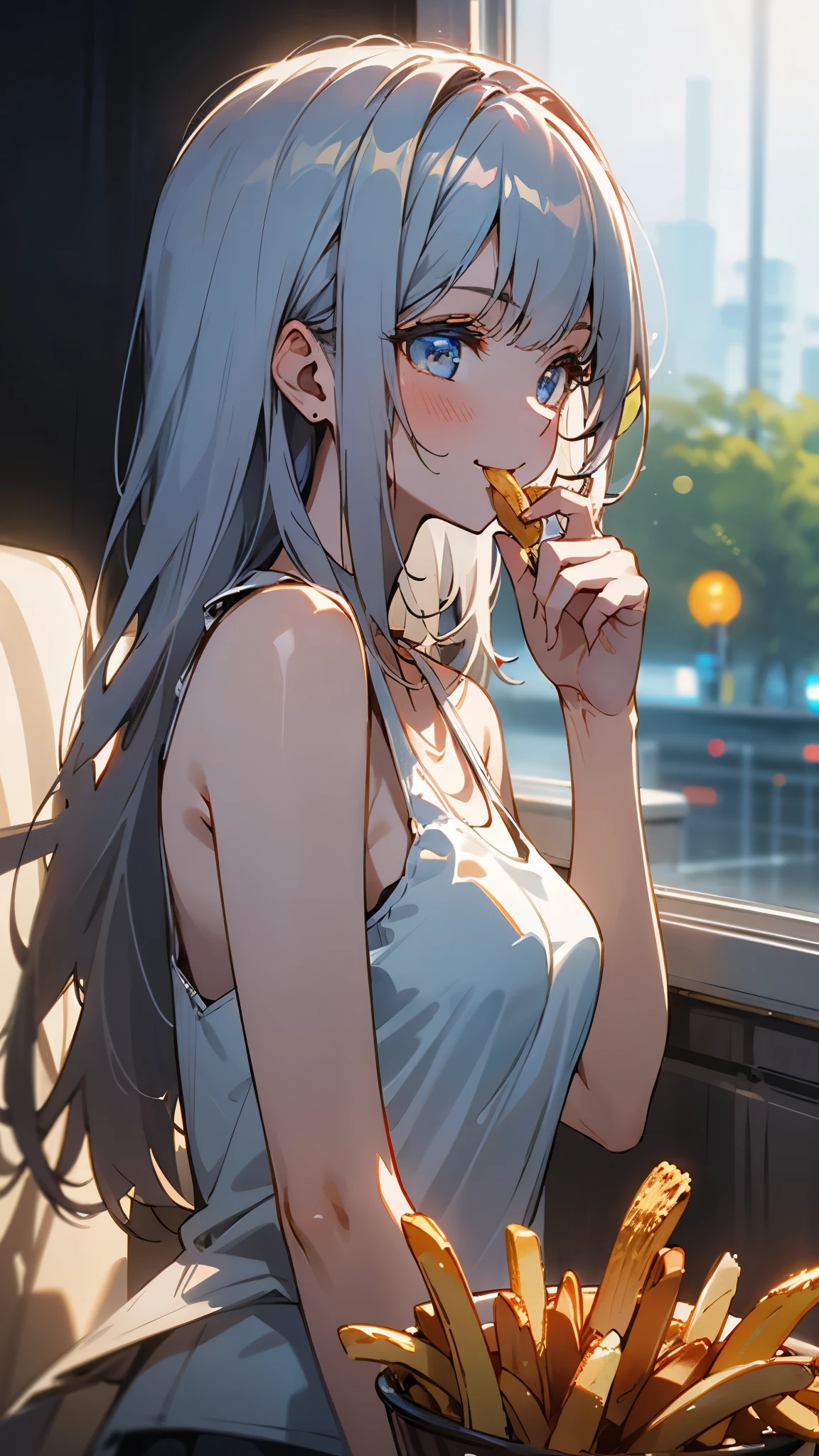 masterpiece、highest quality、High resolution、One Girl、alone、Silver Hair、Long Hair、Beautiful Blue Eyes、Vibrant colors、smile、From the side、Slender body、Tank top、Wear an oversized shirt、Eating French Fries、Upper body close-up、 (Out of the window: 1.1), (exterior: 1.1), From one third , Shining summer sunshine, (The depth of the drawn boundaries, Blurred Background, Bokeh: 1.2)