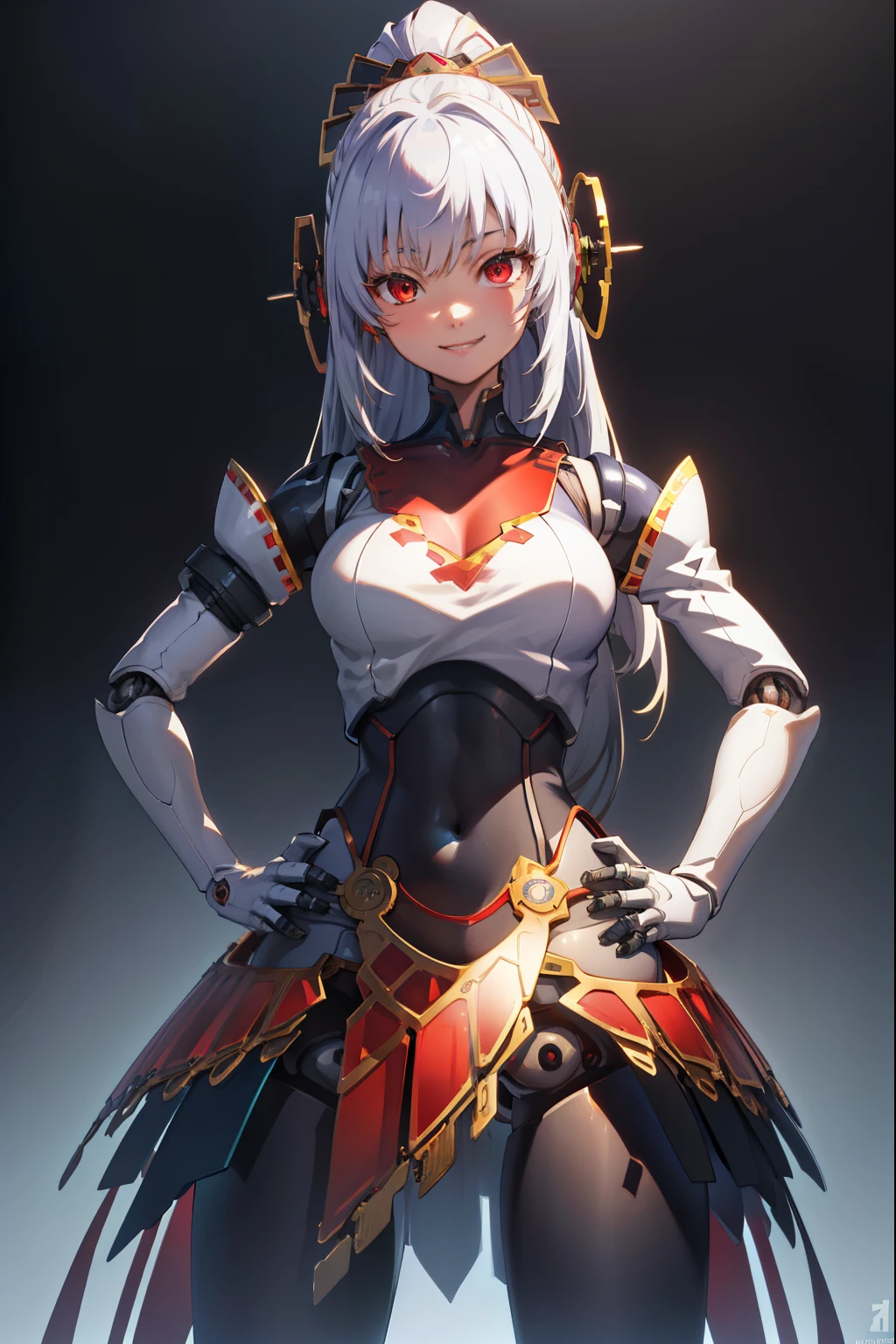 metis,android,robot joints,(extremely detailed CG unity 4k wallpaper),(masterpiece),(best quality),(ultra-detailed),(best illustration),(best shadow),(absurdres),(Simple background), White long hair (Hime cut), Red eyes, Smile, happy, Hands on hips,