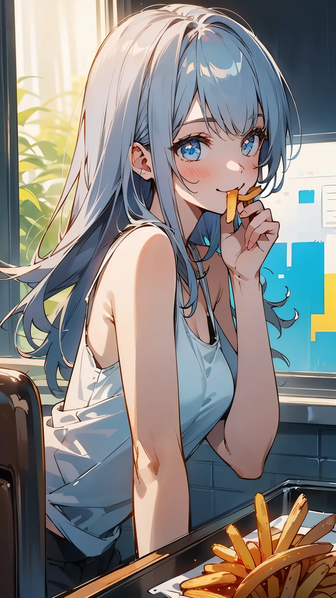 masterpiece、highest quality、High resolution、One Girl、alone、Silver Hair、Long Hair、Beautiful Blue Eyes、Vibrant colors、smile、From the side、Slender body、Tank top、Wear an oversized shirt、Eating French Fries、Upper body close-up、 (Out of the window: 1.1), (exterior: 1.1), From one third , Shining summer sunshine, (The depth of the drawn boundaries, Blurred Background, Bokeh: 1.2)