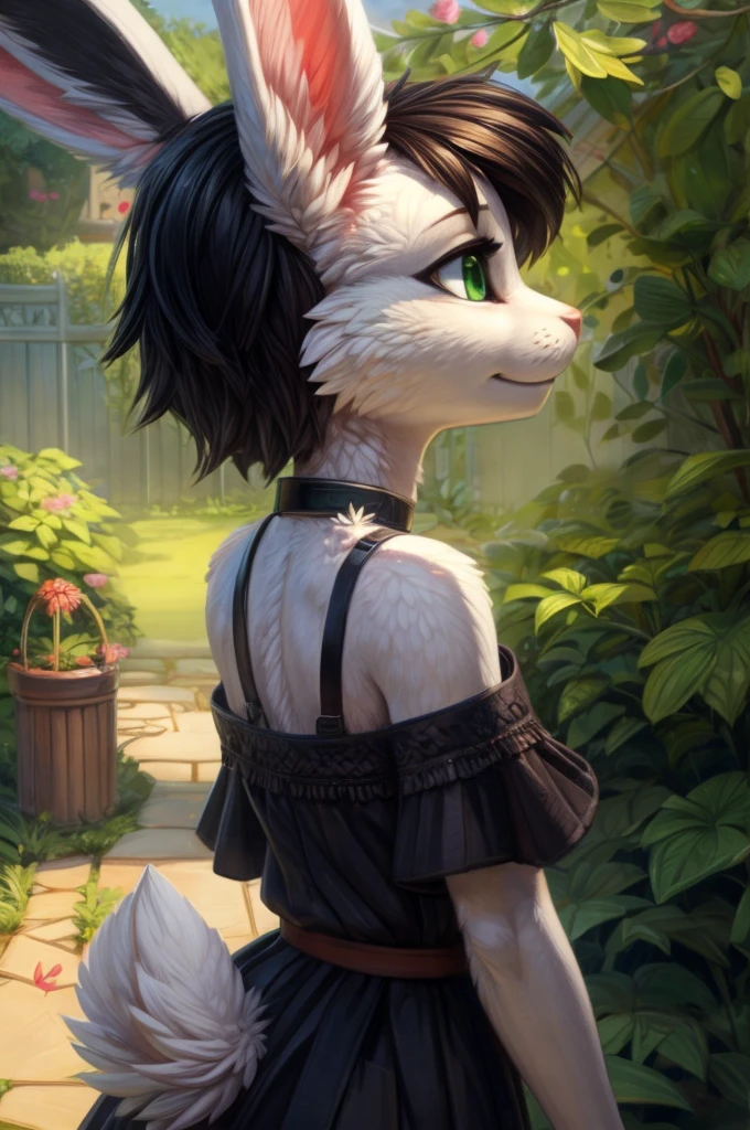 [B="slim, cute, female, white bunny, anthro, fluffy, nice fur, jade green eyes, elegant, shoulderless, lose black dress, black collar, red belt, show backs, bunny's withe tail"].B is taking care of a garden, flower bushes, nice garden, very nice illustration, trending on artstation, masterpiece, breathtaking, superb linework, by hioshiru, by pixelsketcher.  Handheld shot