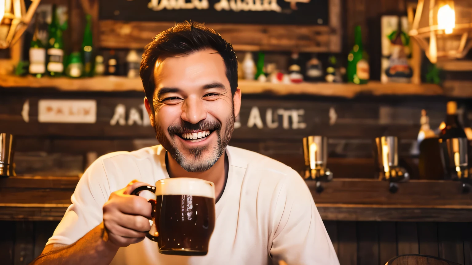 Happy uncle with a mug of beer in his hand, a big smile on his face after drinking all the beer, happy, delicious, drunk, mug half full of beer.