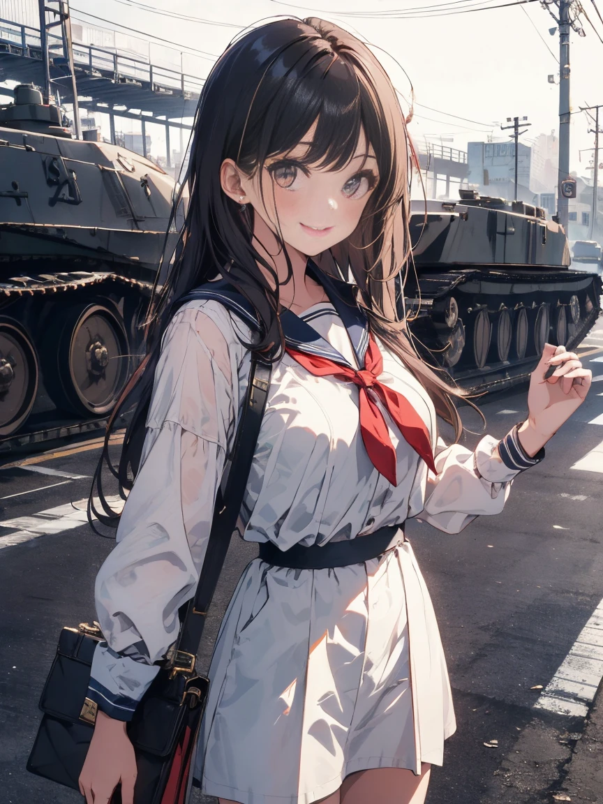 masterpiece, highest quality, High resolution, One Girl,1940s、Tank in the background、Sailor suit、 alone, Girl with bangs、young woman、17 years old、Long Hair、smile
