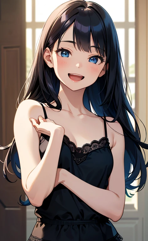 (masterpiece:1.4、top-quality、illustration:1.4,realistic、)、(character focus、breast focus,upper body:1.3)、(1girl),(Open mouth happy smile:1.3),(cute),cute face,blue eyes、(cute)、
,(stand:1.4),(black long hair),
,(slender),(lace camisole,short shorts),
(half closed eyes),(), (small breasts:1.3)、
、slender、