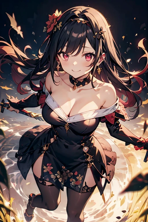 Anime style beutiful woman, 1girl,fullbody, happy, (with sparkling eyes and a contagious smile:1.2), red face, closed mouth, beautiful detailed eyes, super detailed skin, backlighting, bare shoulders, black background, black dress, black gloves, black hair, breasts, dress, earrings, fingerless gloves, floating hair, floral print, flower, gloves, gold earrings, gold hairband, hair flower, hair ornament, hairband, holding, holding weapon, jewelry, large breasts, long hair, looking at viewer, off-shoulder dress, off shoulder,red eyes, short hair with long locks, sidelocks, solo, spikes, thighs, two-sided dress, two-sided fabric, weapon, fighting stance , face, close up, from above, highest quality, high resolution,Real World, Natural light,perfect Natural light,looking at viewer,