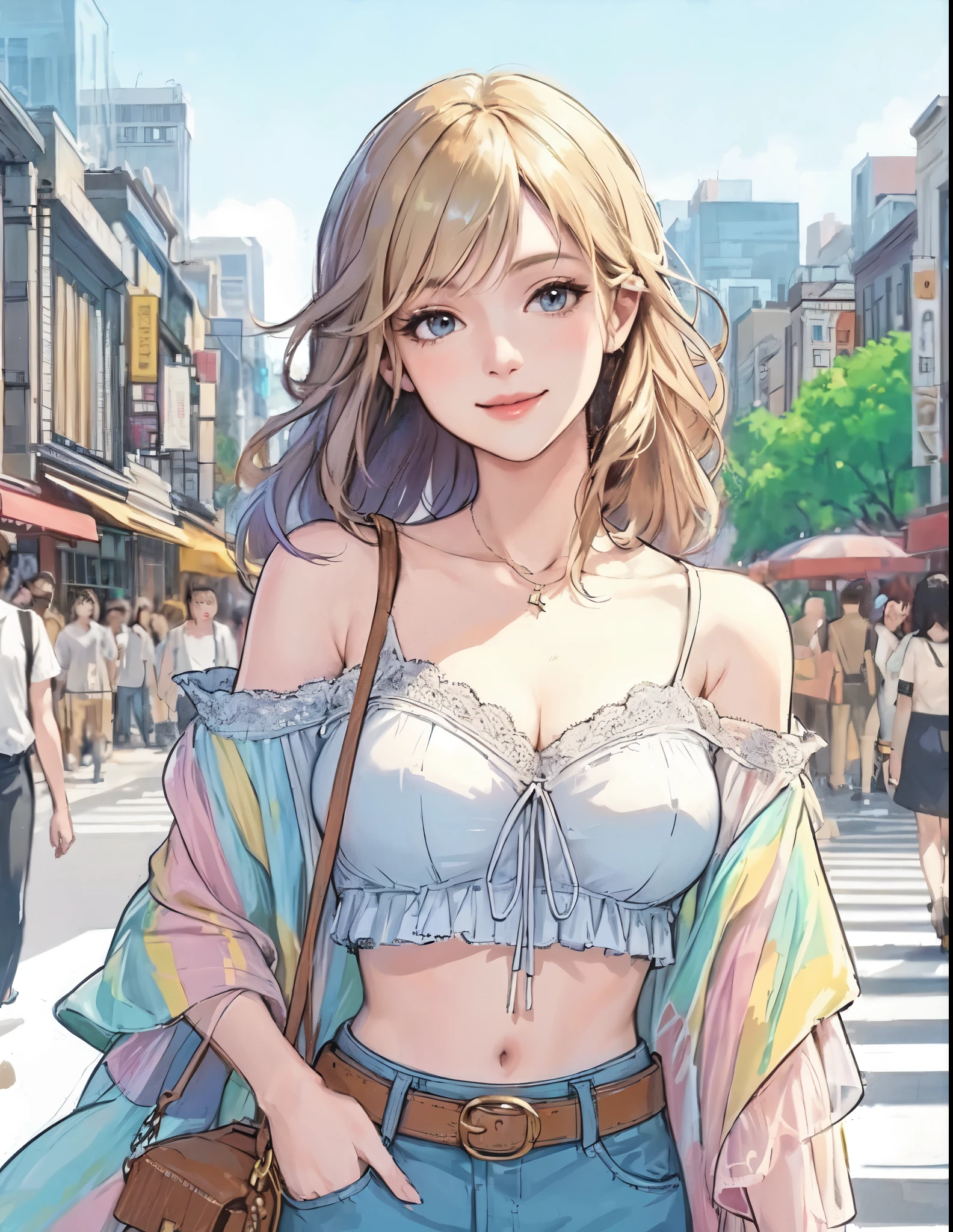 1lady solo, (strolling through city), (stylish outfit) (chic and sporty attire), mature female, /(light blond hair/) bangs, kind smile, (masterpiece best quality:1.2) delicate illustration ultra-detailed, large breasts BREAK (holding designer's bag) BREAK (populous downtown) outdoors, noon, crowded, detailed background