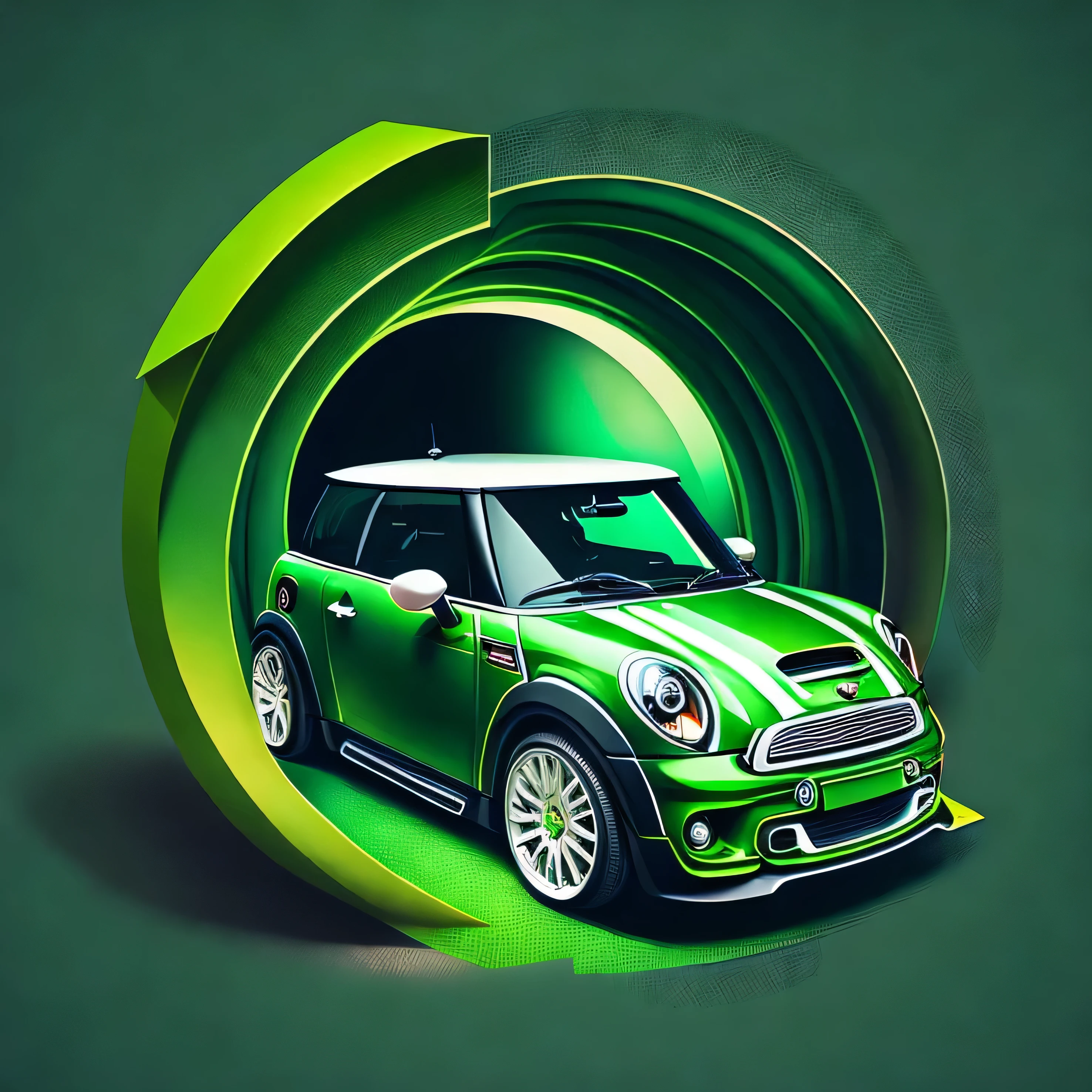 Artwork for t-shirt graphic design, a green R53 Mini Cooper S driving inside a tunnel design, highly detailed clean, vector image, realistic masterpiece, professional photography, realistic car, isometric, vibrant vector