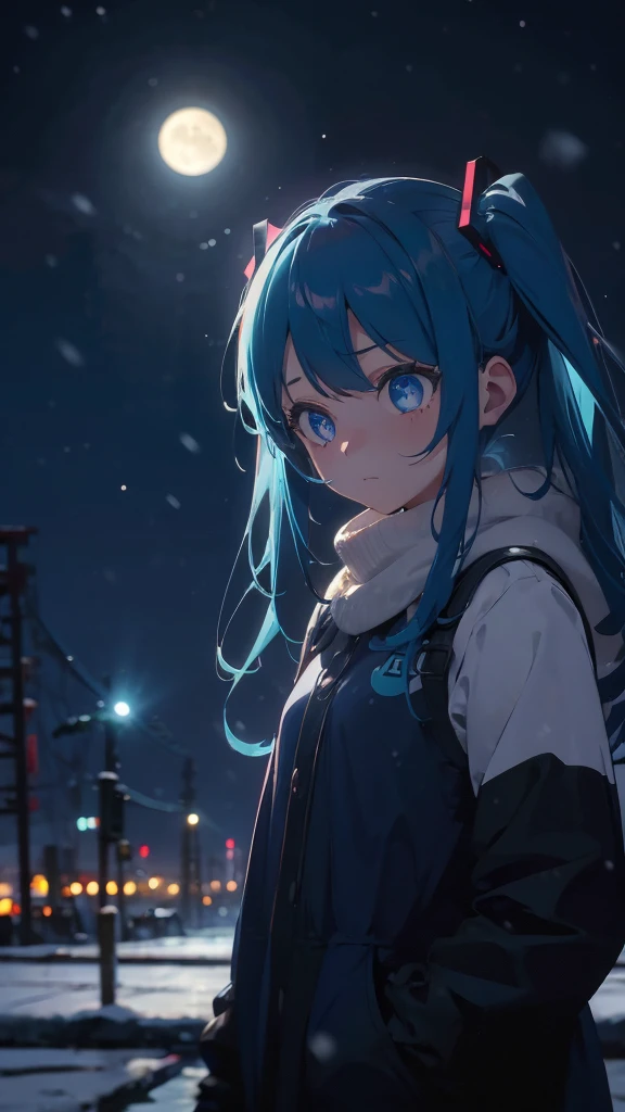(masterpiece、highest quality)、1 girl ,Grim expression、hatsunemiku,Warm lighting、 Blurred foreground、night、High Contrast、Twin tails,blue gem eyes,Blue Hair,night,snowing,Heavy snowfall,winter,Alone in the vast snowy field,whole body,curse,Looking at me,Huge construction,moon,whole body,shine,bright,Sad expression,whole body,sad face,Huge structures,universe,planet,Standing,Ruin