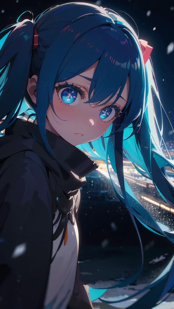 (masterpiece、highest quality)、1 girl ,Grim expression、hatsunemiku,Warm lighting、 Blurred foreground、night、High Contrast、Twin tails,blue gem eyes,Blue Hair,night,snowing,Heavy snowfall,winter,Alone in the vast snowy field,whole body,curse,Looking at me,Huge construction,moon,whole body,shine,bright,Sad expression,whole body,sad face,Huge structures,universe,planet,Standing,Ruin