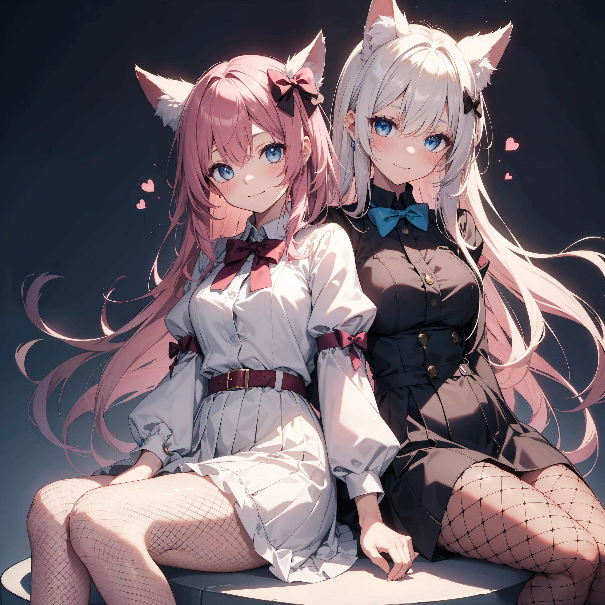 fishnets, pink_hair, fishnet_legwear, animal_ears, rating:safe, solo, 1girl, heart, bow, long_hair, blue_eyes, crossed_legs, sitting, blue_bow, skirt, looking_at_viewer, smile, eyebrows_visible_through_hair, long_sleeves, bangs, blush, puffy_sleeves, white_background, bowtie, simple_background, hair_bow, breasts, pantyhose, closed_mouth, dress, shirt, artist_name, hair_between_eyes, frills, miniskirt, very_long_hair