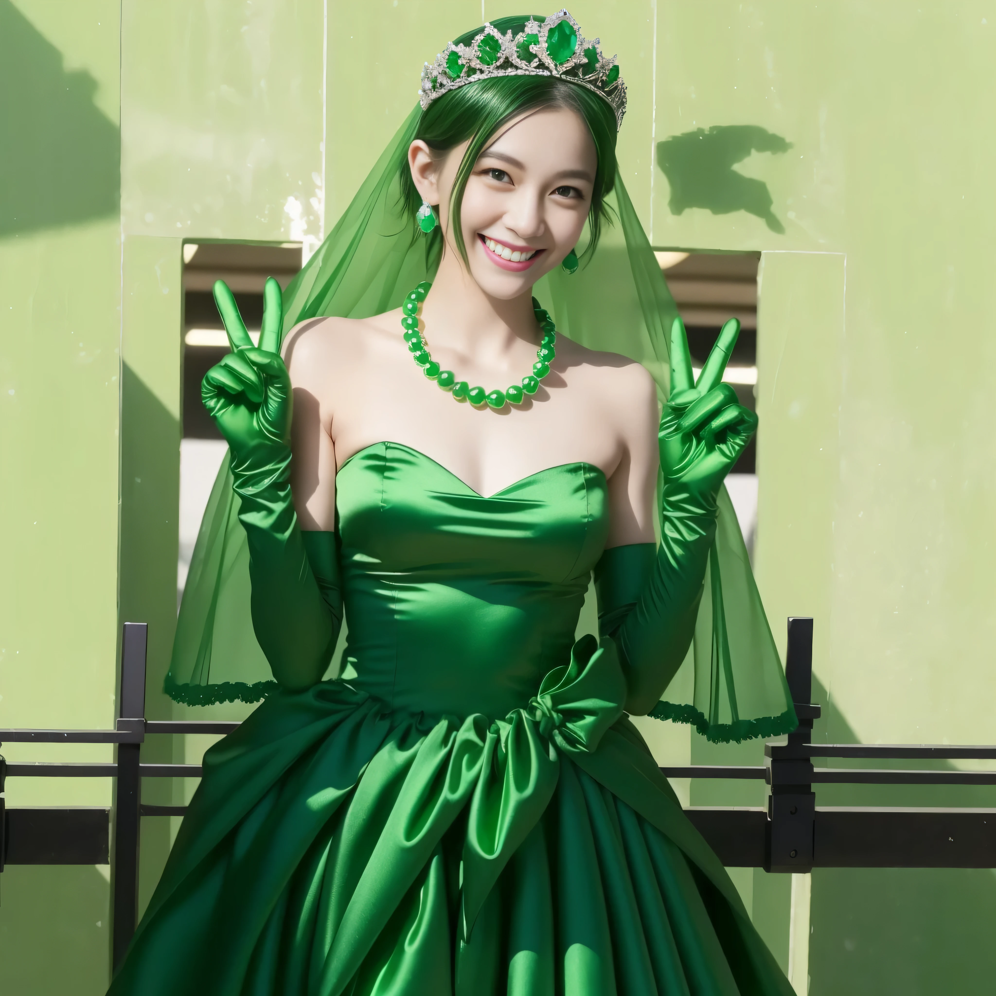 Emerald tiara, Green Pearl Necklace, Boyish very short green hair, lipstick, Smiling Japanese woman, Very short hair, Big and beautiful, Green Eyes, Long green satin gloves, Green Eyes, v sign, Emerald Earrings, Green veil