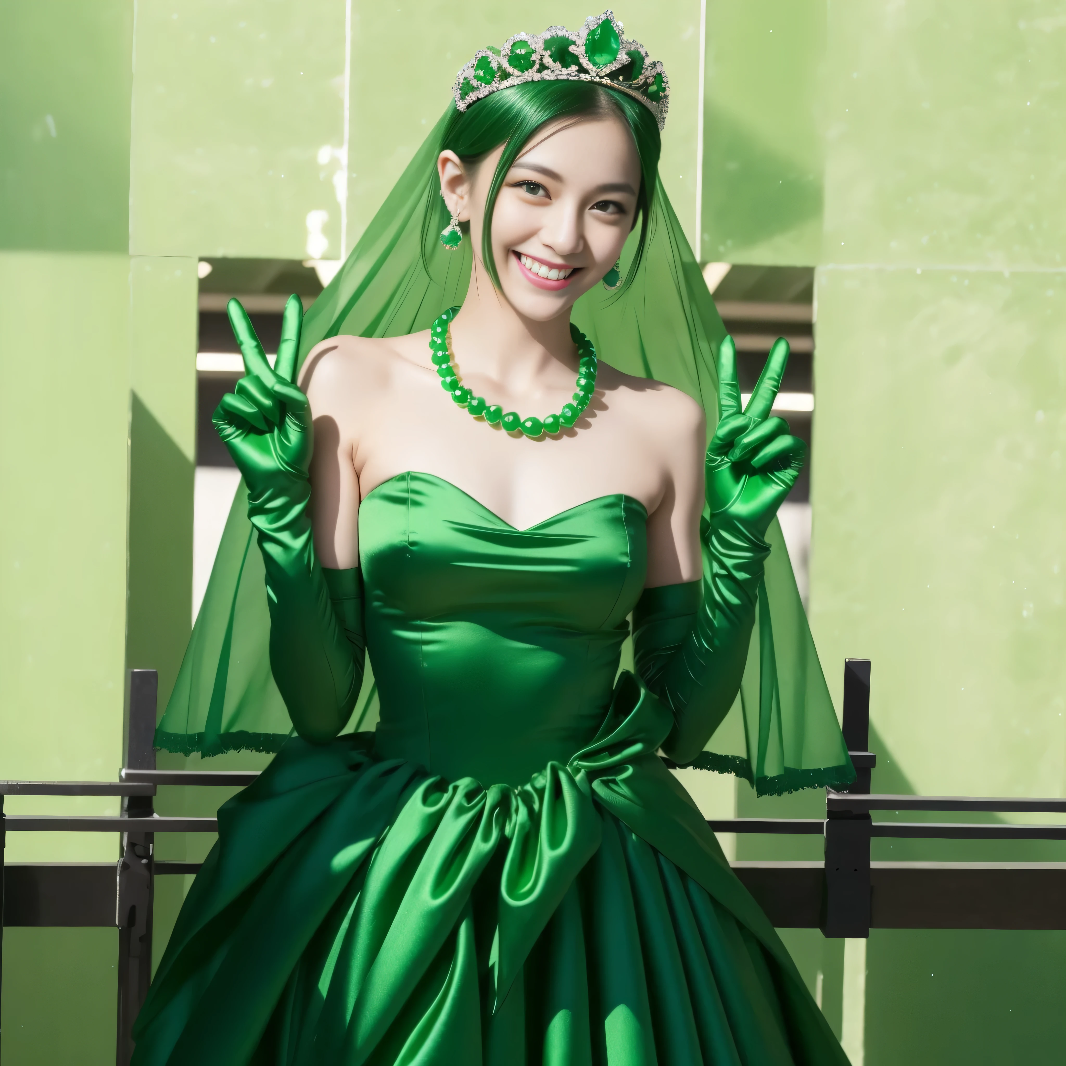 Emerald tiara, Green Pearl Necklace, Boyish very short green hair, lipstick, Smiling Japanese woman, Very short hair, Big and beautiful, Green Eyes, Long green satin gloves, Green Eyes, v sign, Emerald Earrings, Green veil