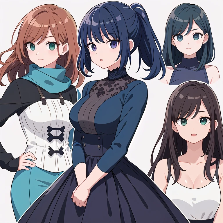 (((Best Quality))) , ((upper body)), 4 lady, adult woman, multiple views, white background, variety of hairstyles, variety of fashion styles, seductive pose, fashionable and trendy atmosphere, dark blue/dark orange/dark green/dark violet/brown/white,