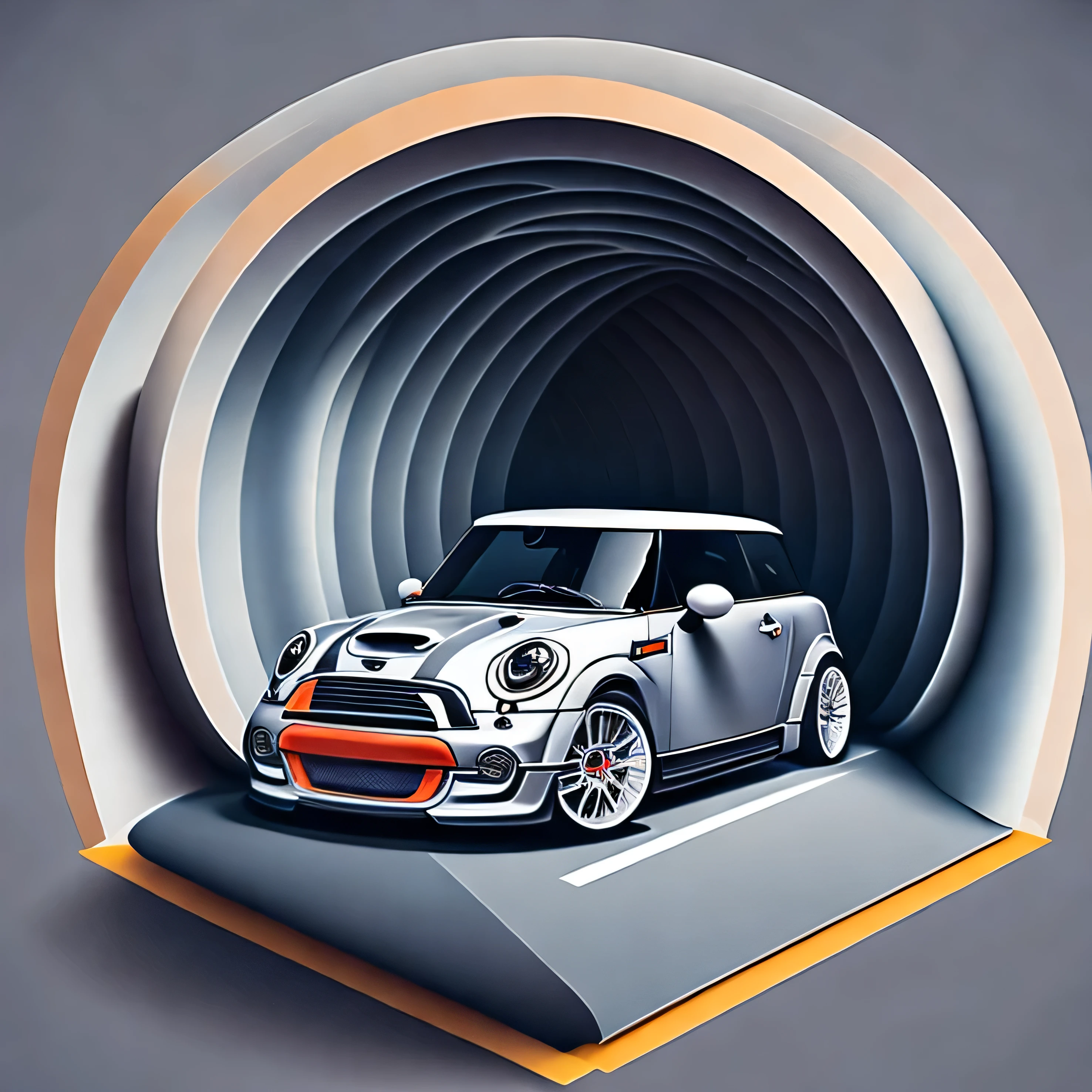 Artwork for t-shirt graphic design, a grey R53 Mini Cooper S driving inside a tunnel design, highly detailed clean, vector image, realistic masterpiece, professional photography, realistic car, isometric, vibrant vector