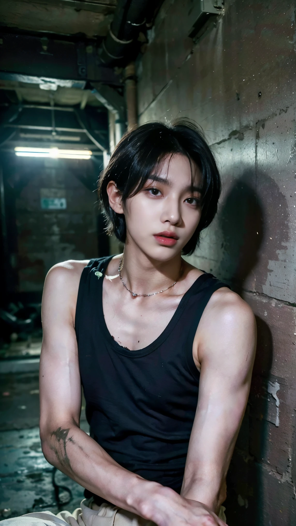 Realistic photos, 8k,(((In the sewer,Crouching,It is dirty,Bad smell,dirty,Homeless,Handsome young Korean ladyboy with bob cut))),(((Big eyes,Glaring at the camera,Unpleasant,Bad mood))),Chest is male,18-year-old,(Ultra-realistic), (figure), (High resolution), (8k), (Very detailed), (Best figure), (Beautiful fine details), (highest quality), (Super detailed), (masterpiece), (wallpaper), (Detailed face), ((whole body,Flat Chest,Very muscular)),alone,Black hair bob cut,(((A girl with makeup on her face,The body is a perfect man))), Black tank top,Training pants,Transgender,Korean,kpop,Muscular male chest
