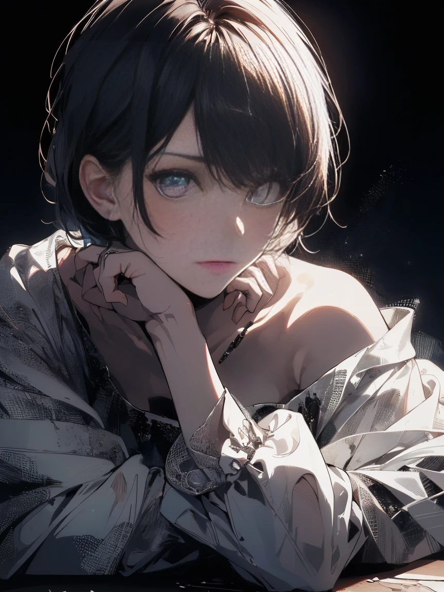 (highest quality, Tabletop:1.2, 超A high resolution, Realistic:1.5), RAW Photos, One Girl, Off the shoulder, In the Dark, Deep Shadow, Low light, Cool Tones, Captivating Gaze, short hair, Foggy atmosphere, Mysterious atmosphere, Subtle highlights, Dramatic contrast, Elegant pose, Intense emotions, Heavenly beauty, enchanting darkness, Attractive look