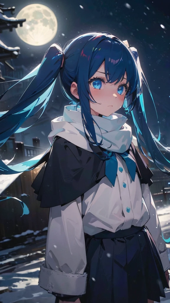(masterpiece、highest quality)、1 girl ,Grim expression、hatsunemiku,Warm lighting、 Blurred foreground、night、High Contrast、Twin tails,blue gem eyes,Blue Hair,night,snowing,Heavy snowfall,winter,Alone in the vast snowy field,whole body,curse,Looking at me,Huge construction,moon,whole body,shine,bright,Sad expression,whole body,sad face,Huge structures,universe,planet,Standing,Ruin,heavy snow,A world of white silver