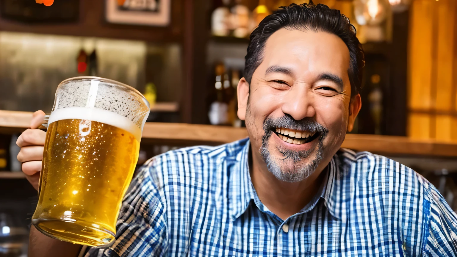 Happy uncle with a beer mug in his hand, chewing fried chicken, big smile, happy, delicious, drunk, mug half full of beer.