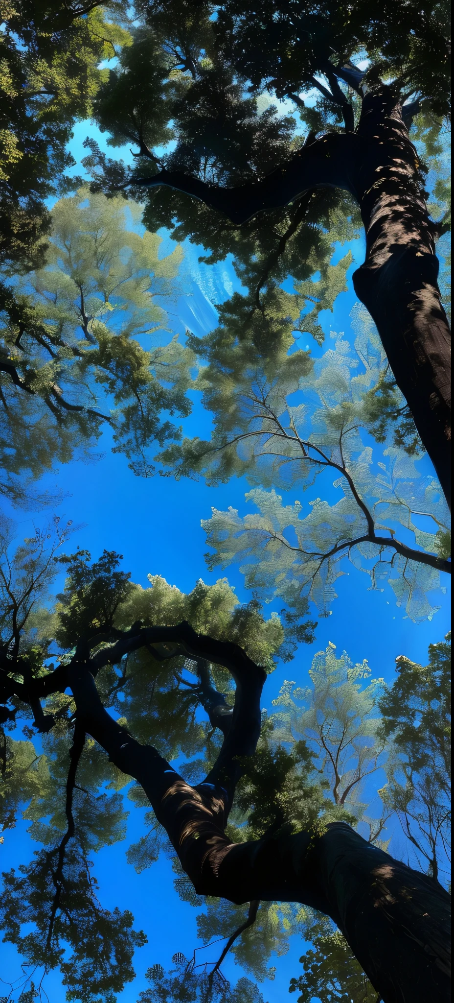 A view of a tree,Background is blue sky, The top of a huge oak tree, view from below, View from slightly below, look up to the sky, View from below, look up onto the sky, look up, low angle 8k hd nature photo, Lower perspective, look up into the sky, look up perspective, look upwards