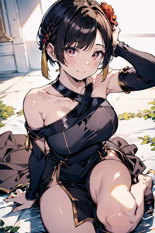 Anime style beutiful woman, 1girl,fullbody, happy, (with sparkling eyes and a contagious smile:1.2), red face, closed mouth, beautiful detailed eyes, super detailed skin, backlighting, bare shoulders, black background, black dress, black gloves, black hair, breasts, dress, earrings, fingerless gloves, floating hair, floral print, flower, gloves, gold earrings, gold hairband, hair flower, hair ornament, hairband, holding, holding weapon, jewelry, large breasts, long hair, looking at viewer, off-shoulder dress, off shoulder,red eyes, short hair with long locks, sidelocks, solo, spikes, thighs, two-sided dress, two-sided fabric, weapon, fighting stance , face, close up, from above, highest quality, high resolution,Real World, Natural light,perfect Natural light,looking at viewer,