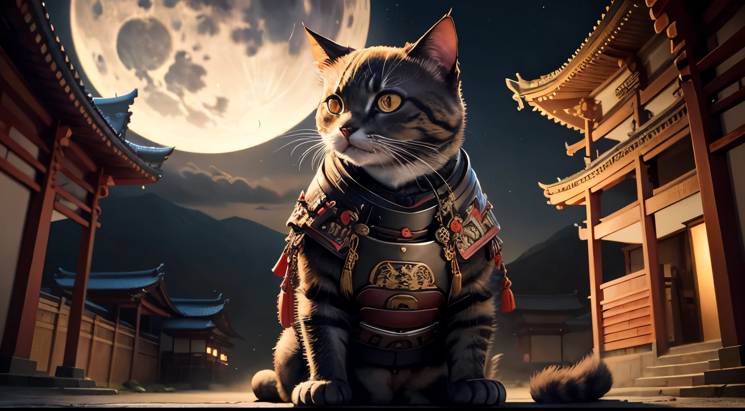 Anthropomorphic Cat in full samurai armour, photorealistic, standing in front of a temple, in the moonlight, view from below looking up