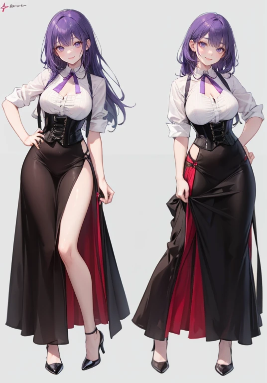 Purple hair,Long hair,Adult female,Bartender,((Body harness)),((Rolling up your sleeves shirt)),(Corset),(Long skirt),(slit),High heels,((Simple background)),Smile,((Full body)),((whole body)),Character Sheet,