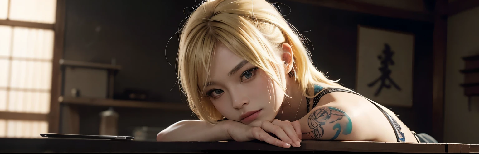 8K, realistic photo, realistic skin texture, Beautiful Japanese female vigilante living in America、A little bit into the future、2050、Blonde punkish hair、Tattoo、Innovative composition、