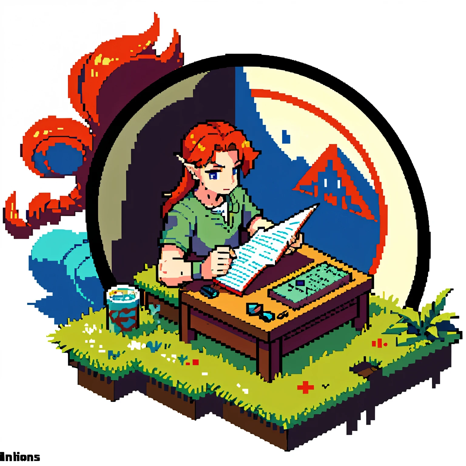 (masterpiece, top quality, best quality), Pixel,Pixel art,1 red-haired boy, Sitting in front of a notebook writing code，There is a notebook on the table，Background full screen，Relationship, The Legend of Zelda