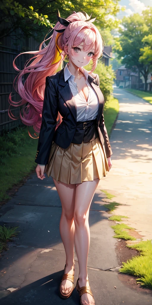 1girl, full body, solo, summer, village, trees, sun, clouds, ((colorful hair)), long hair, curly hair, ponytail, large breasts, ((black blazer)), button down shirt, ((white shirt)), ((short sleeved shirt)), ((unbuttoned shirt)), unbuttoning buttons, cleavage 1:3, brown eyes, skirt, smile, looking at the viewer, standing, hair ribbon, golden necklate