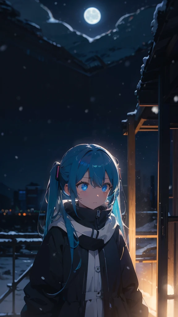 (masterpiece、highest quality)、1 girl ,Grim expression、hatsunemiku,Warm lighting、 Blurred foreground、night、High Contrast、Twin tails,blue gem eyes,Blue Hair,night,snowing,Heavy snowfall,winter,Alone in the vast snowy field,whole body,curse,Looking at me,Huge construction,moon,whole body,shine,bright,Sad expression,whole body,sad face,Huge structures,universe,planet,Standing,Ruin,heavy snow,A world of white silver,Grim expression