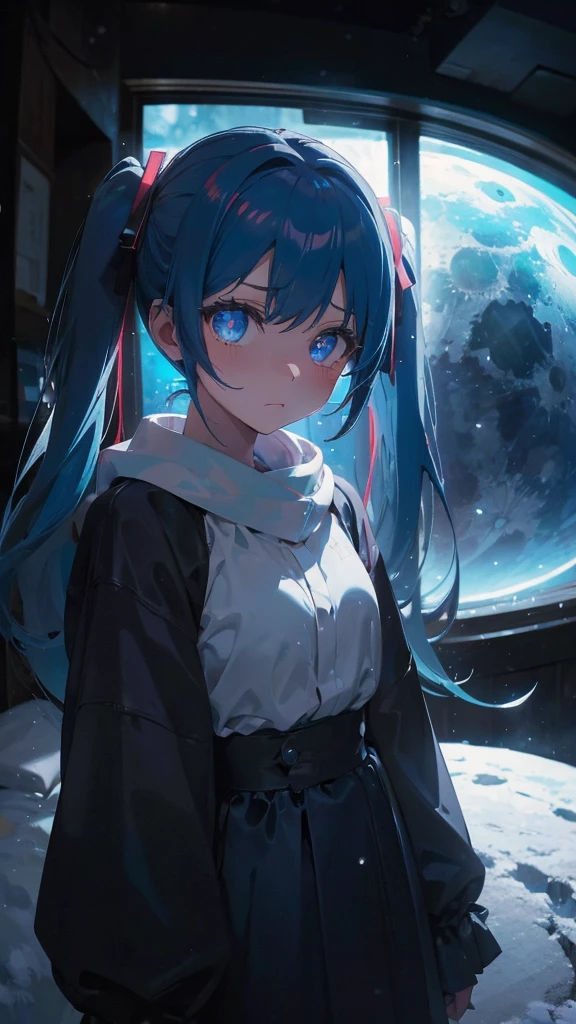 (masterpiece、highest quality)、1 girl ,Grim expression、hatsunemiku,Warm lighting、 Blurred foreground、night、High Contrast、Twin tails,blue gem eyes,Blue Hair,night,snowing,Heavy snowfall,winter,Alone in the vast snowy field,whole body,curse,Looking at me,Huge construction,moon,whole body,shine,bright,Sad expression,whole body,sad face,Huge structures,universe,planet,Standing,Ruin,heavy snow,A world of white silver,Grim expression