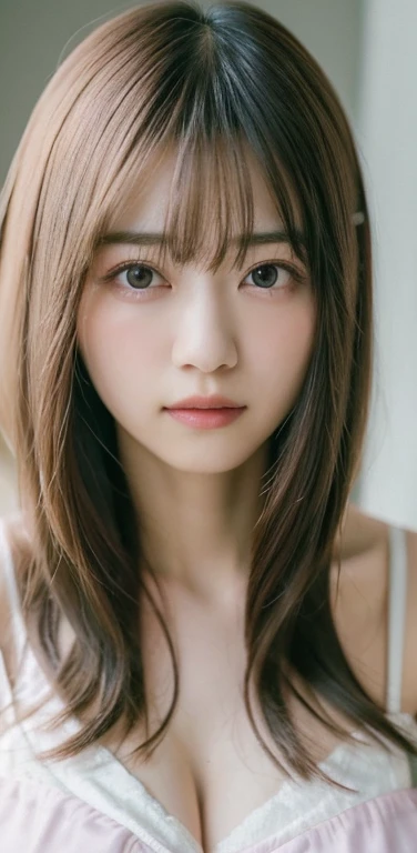 masterpiece, highest quality, 8k, 20th Generation, Large Breasts, cute, alone, sad, cute, Girlish, Delicate girl, Pure beauty, RAW Photos, Professional photography, Portraiture, Soft Light, Professional Lighting, Backlight, Upper Body, avert your eyes, Sophisticated, Film Grain, (Eyes and facial details:1.0), Short floating hair, Beautiful, flowing hair, bangs, (Job hunting suits(pastel colour))、(Large Breasts:1.0)、You can see a little cleavage、Dolly Makeup、Translucent white skin、White Breasts、Odd Eye、The colour of the left and right eyes are different