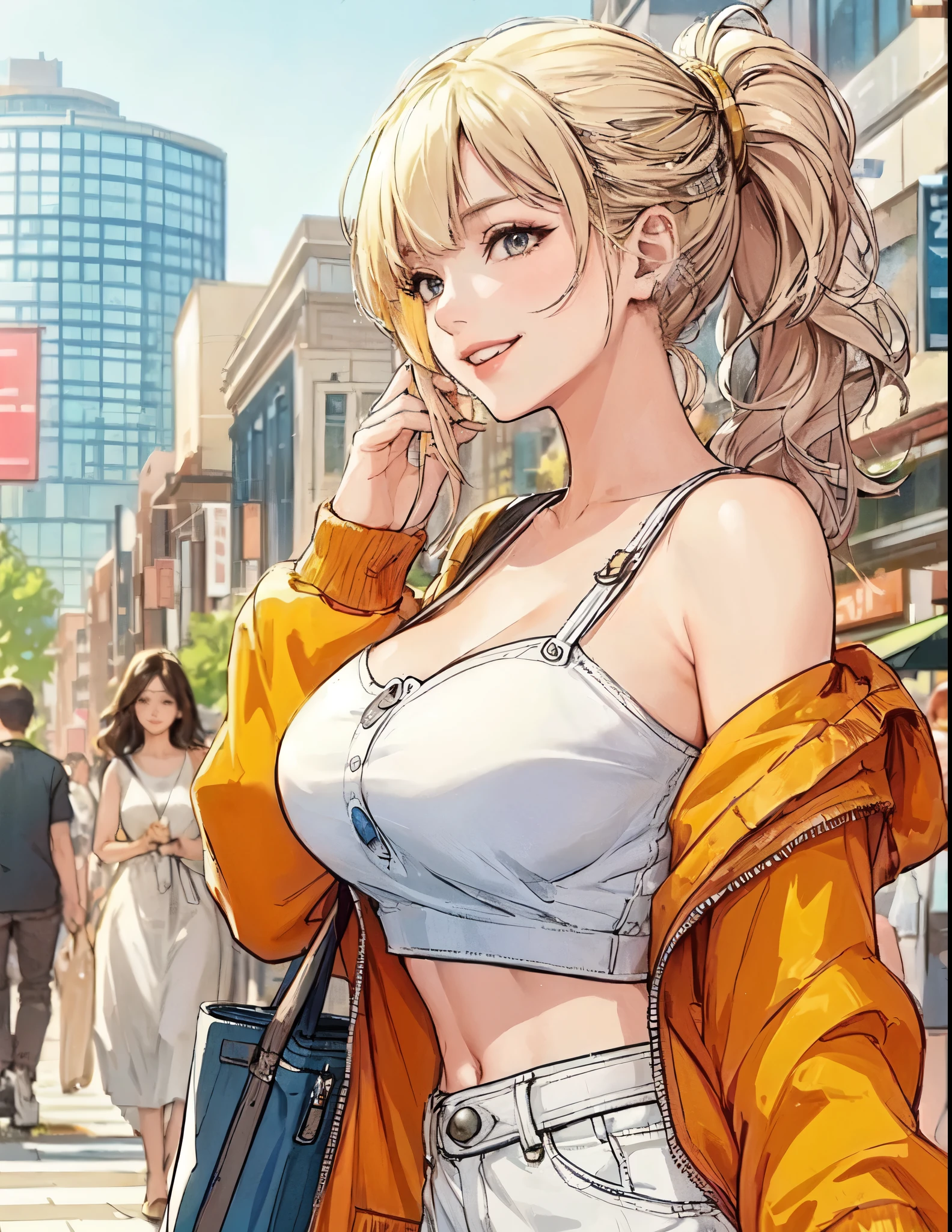 1lady solo, (strolling through city), (stylish outfit) (refreshing and sporty attire), mature female, /(light blond hair/) bangs, kind smile, (teeth:0.8), (masterpiece best quality:1.2) delicate illustration ultra-detailed, large breasts BREAK (holding designer's bag) BREAK (populous downtown) outdoors, noon, crowded, detailed background