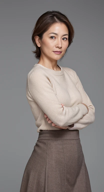 High resolution, high resolution, Attention to detail, masterpiece, Rough skin, Anatomically correct, sharp, Gray background((Japanese Mature, 45 years old)), alone, ((Facial wrinkles)), Big in good shape, Straight light brown hair that reaches the shoulders, Chubby body type (((Stand upright, Facing the center of the screen.))), Close your mouth and look ahead with a serious face, sweater, skirt, ((Cowboy Shot)),