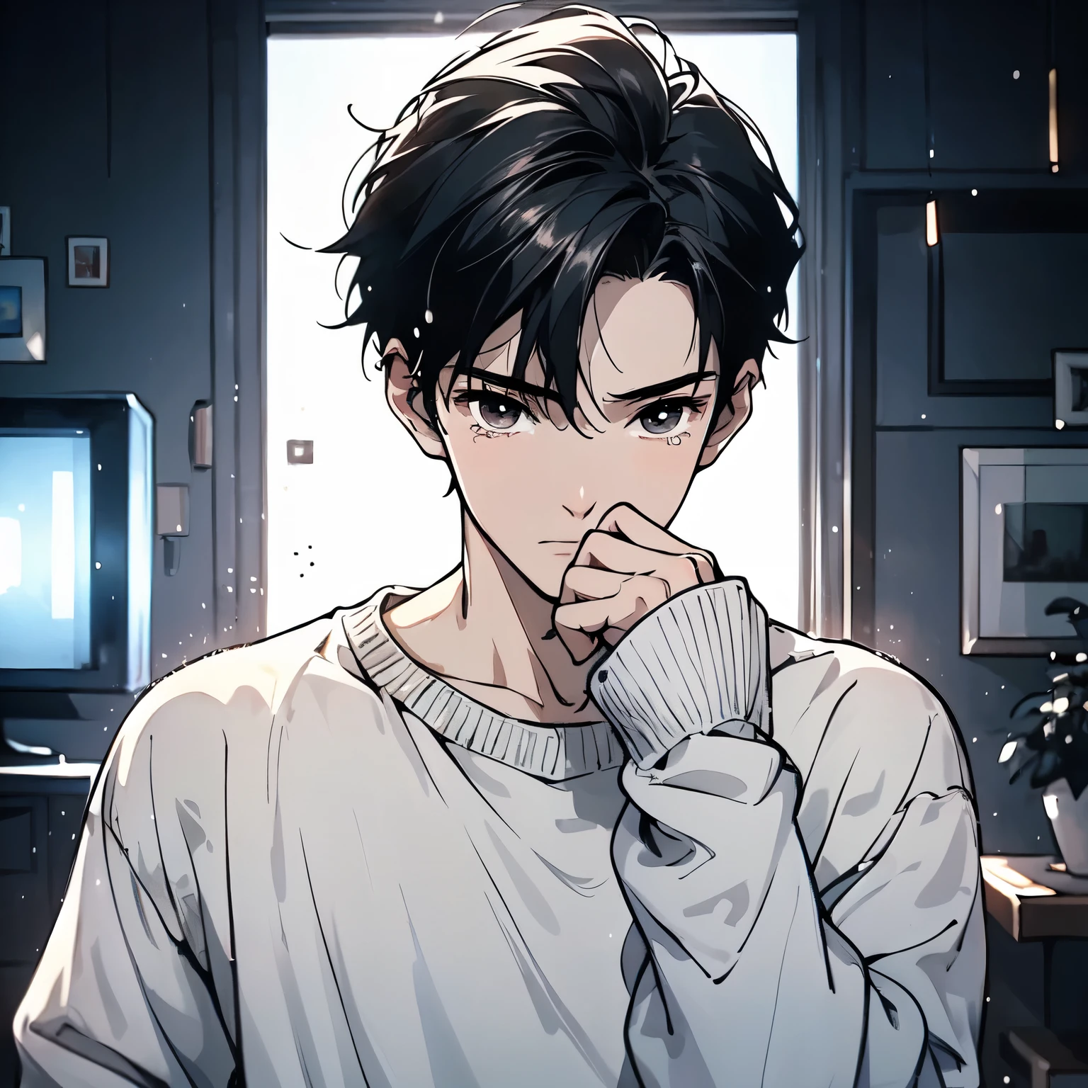 A black hair,18-year-old man in white sweater,Standing in the living room of the house,Cover your mouth with your hands when coughing,Sad expression,Laugh and cry,Tears(Upper body display:1.5)(cinematic lighting:1.5))(ultra-high detail:1.5)(best quality:1.5)