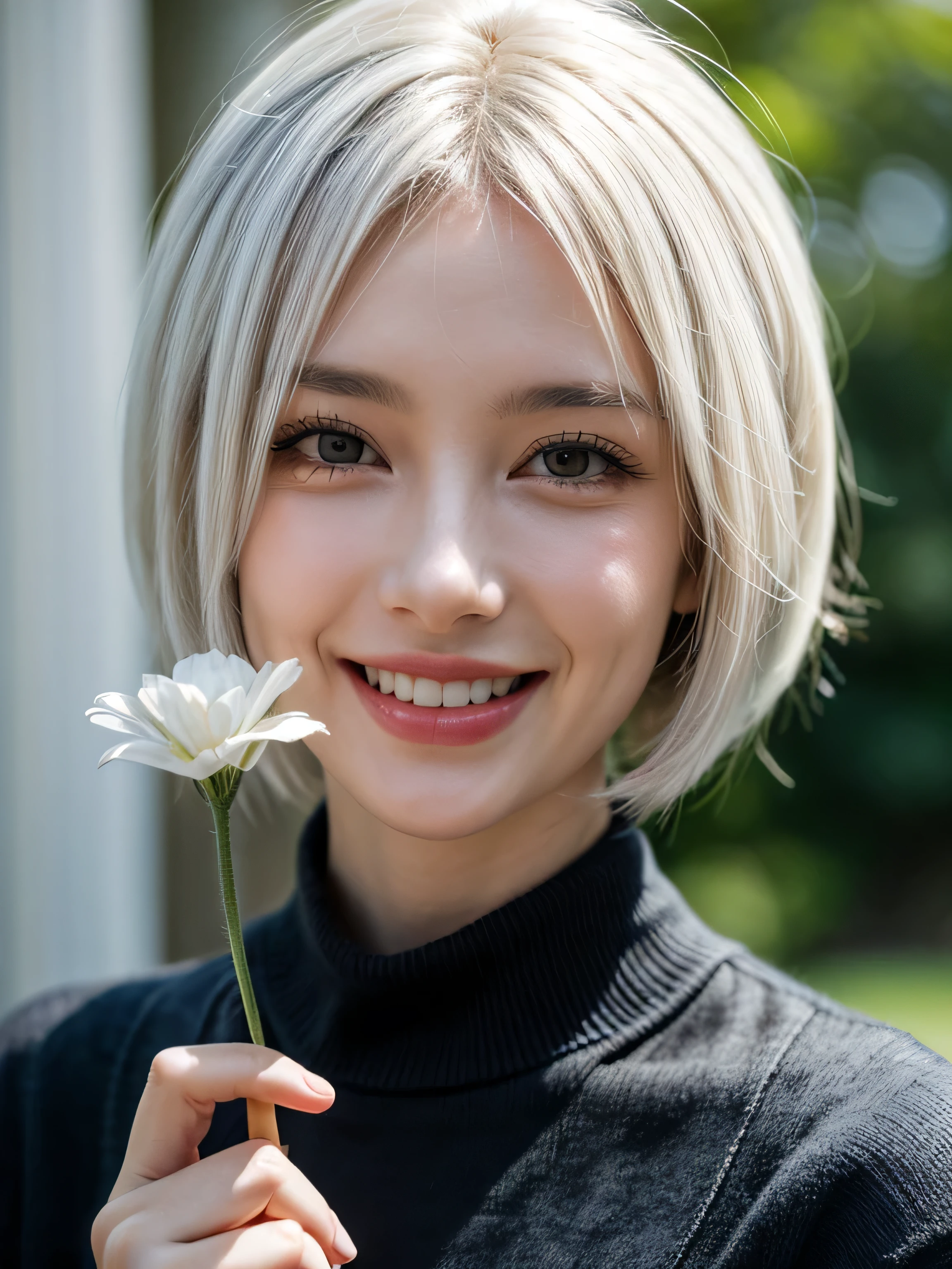 masterpiece, Best quality, 1 girl, White hair, smiling, I look at the viewer, adult, fully mature, holding a flower