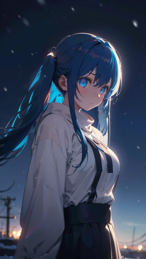 (masterpiece、highest quality)、1 girl ,Grim expression、hatsunemiku,Warm lighting、 Blurred foreground、night、High Contrast、Twin tails,blue gem eyes,Blue Hair,night,snowing,Heavy snowfall,winter,Alone in the vast snowy field,whole body,curse,Looking at me,Huge construction,moon,whole body,shine,bright,Sad expression,whole body,sad face,Huge structures,universe,planet,Standing,Ruin,heavy snow,A world of white silver,Grim expression