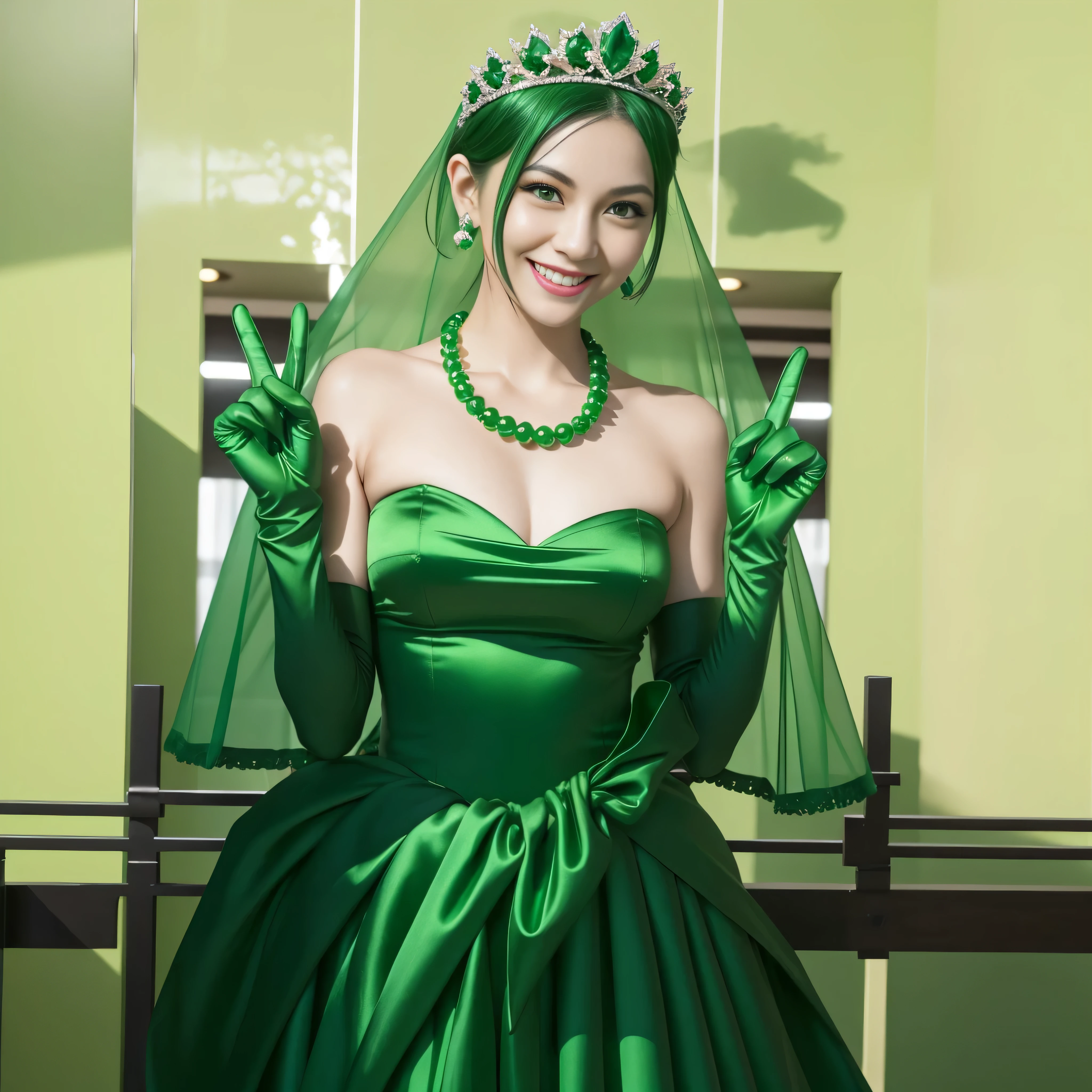 Emerald tiara, Green Pearl Necklace, Boyish very short green hair, lipstick, Smiling Japanese woman, Very short hair, Big and beautiful, Green Eyes, Long green satin gloves, Green Eyes, v sign, Emerald Earrings, Green veil