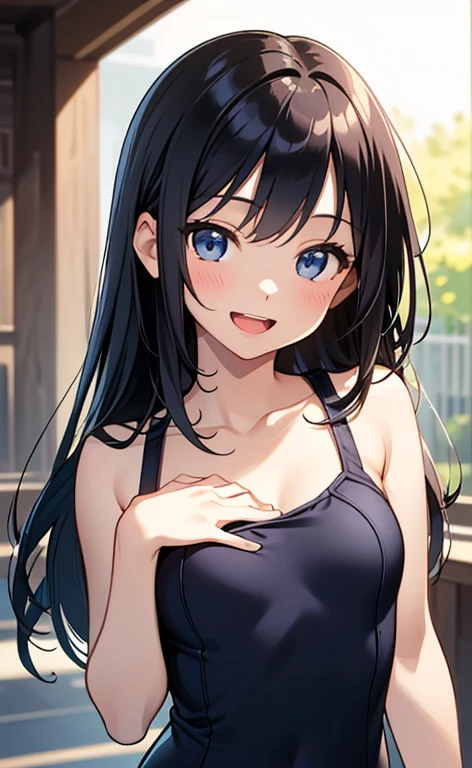 (masterpiece:1.4、top-quality、illustration:1.4,realistic、)、(character focus、breast focus,upper body:1.3)、(1girl),(Open mouth happy smile:1.3),(cute),cute face,blue eyes、(cute)、
,(stand:1.4),(black long hair),
,(slender),(school swimsuit),
(),(), (small breasts:1.3)、
、slender、nsfw